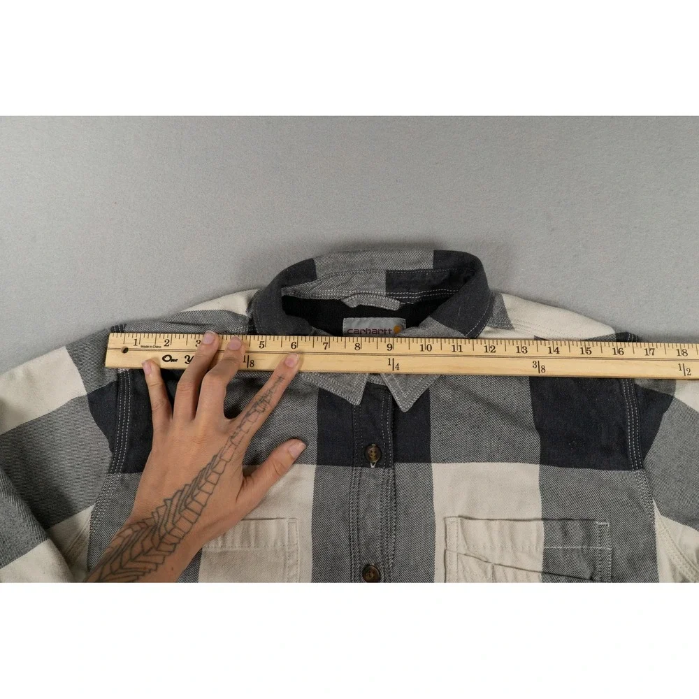 Carhartt Hubbard Sherpa-Lined Shirt Jacket Black Grey Plaid 103239 Kids L 12/14